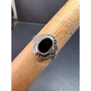 Vintage Sterling Silver Black Onyx Cocktail Ring, Ornate Bezel, Size 8